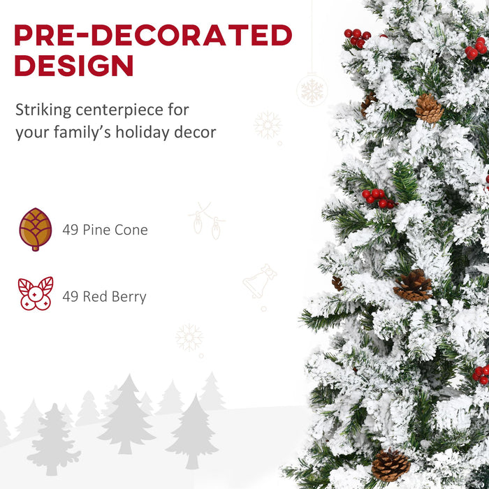 9FT Flocked Pencil Artificial Christmas Tree — 1350 Tips, Snow, Pinecones, Berries, Unlit, Auto - Open - Monsta Online