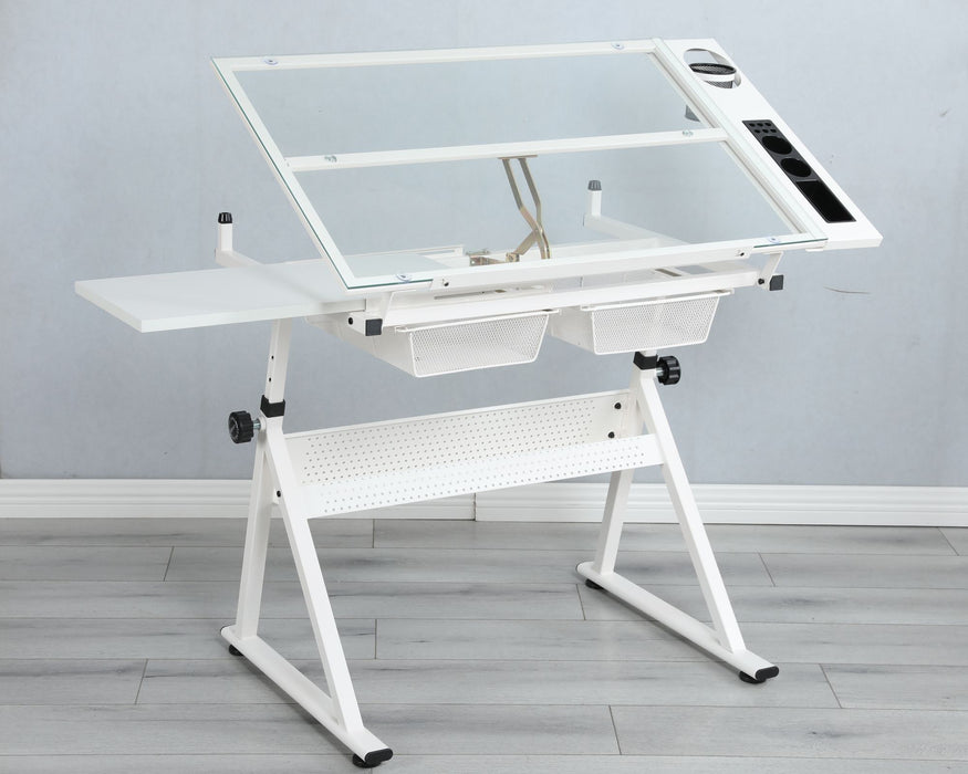 Sleek White Tempered Glass Drafting Table with Adjustable Features and Chair - Monsta Online