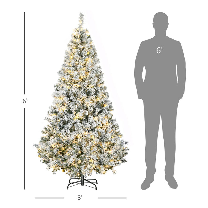 6FT Snow Flocked Pre - Lit Artificial Christmas Tree — 220 Warm White LEDs, 638 Tips, Auto - Open, Wide Leaves - Monsta Online