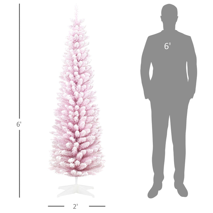 6FT Pink Snow Flocked Pencil Artificial Christmas Tree — 390 Tips, Unlit, Slim Realistic Branches, Metal Base - Monsta Online