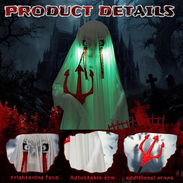 4.3ft Sound - Activated Halloween Animatronic Ghost with Trident – Green Lights and Creepy Sounds - Monsta Online