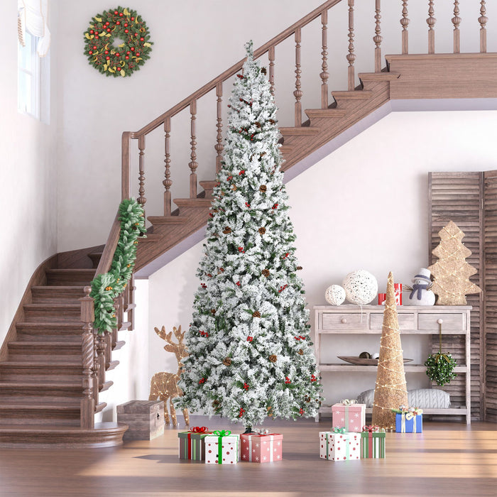 9FT Flocked Pencil Artificial Christmas Tree — 1350 Tips, Snow, Pinecones, Berries, Unlit, Auto - Open - Monsta Online