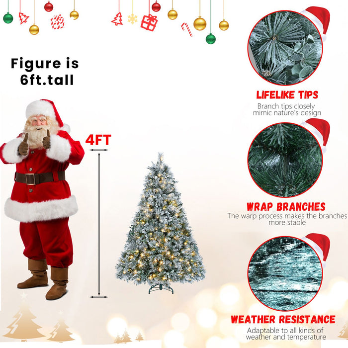 4FT Pre - Lit Flocked Artificial Christmas Tree — 150 Warm Lights, Snow Frosted Pine, Metal Stand - Monsta Online