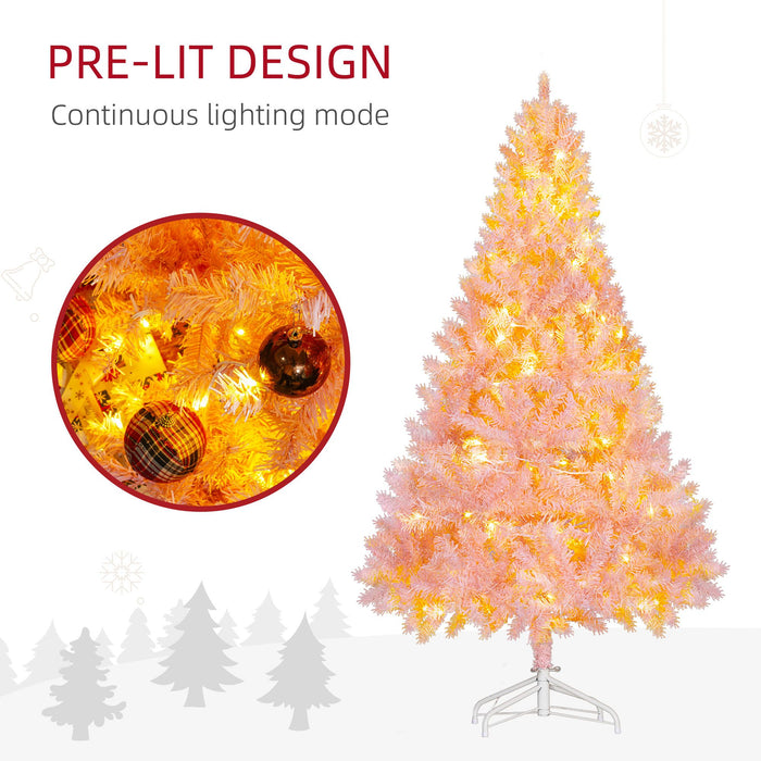 6FT Pink Flocked Pre - Lit Artificial Christmas Tree — 250 Warm White LEDs, 1000 Tips, Hinged, Metal Base - Monsta Online