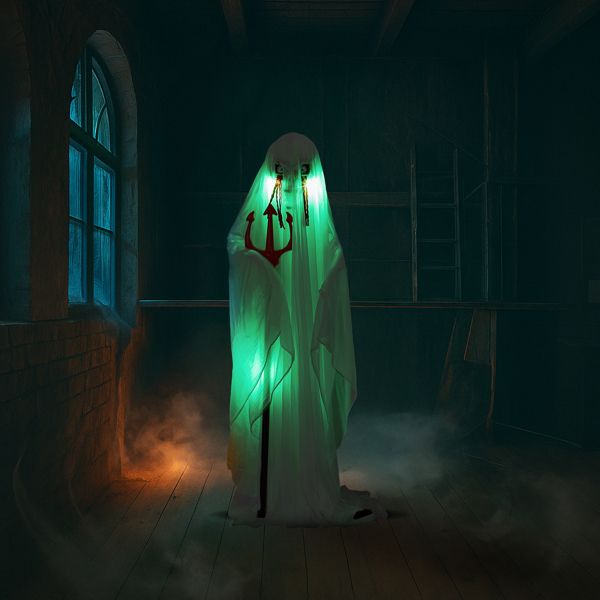 4.3ft Sound - Activated Halloween Animatronic Ghost with Trident – Green Lights and Creepy Sounds - Monsta Online
