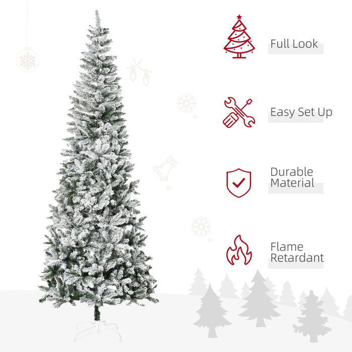 9FT Snow Flocked Pencil Artificial Christmas Tree — 1084 Tips, Unlit, Auto - Open, Green White, Steel Base - Monsta Online