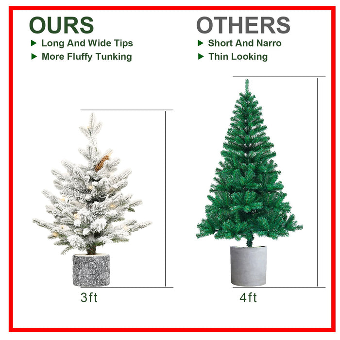 3FT Pre - Lit Flocked Potted Christmas Tree — 365 PE/PVC Tips, 50 LED Lights, Tabletop - Monsta Online