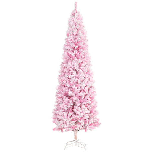 7.5FT Flocked Pink Pencil Artificial Christmas Tree — 800 Snow Tips, Unlit, Auto - Open, Slim Space - Saving - Monsta Online