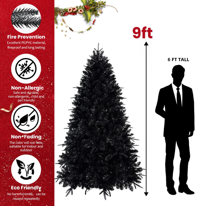 9FT Pre - Lit Black Artificial Christmas Tree — 3176 PE/PVC Tips, 750 Lights, Hinged - Monsta Online