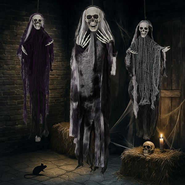 3 - Pack Hanging Skeleton Ghosts Grim Reapers – Halloween Outdoor Decorations - Monsta Online