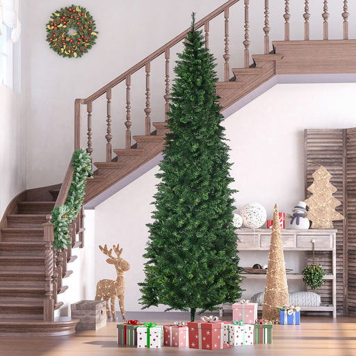 9FT Pencil Artificial Christmas Tree — 1075 Tips, Auto - Open Hinged, Unlit, Pine Needles, Steel Base - Monsta Online