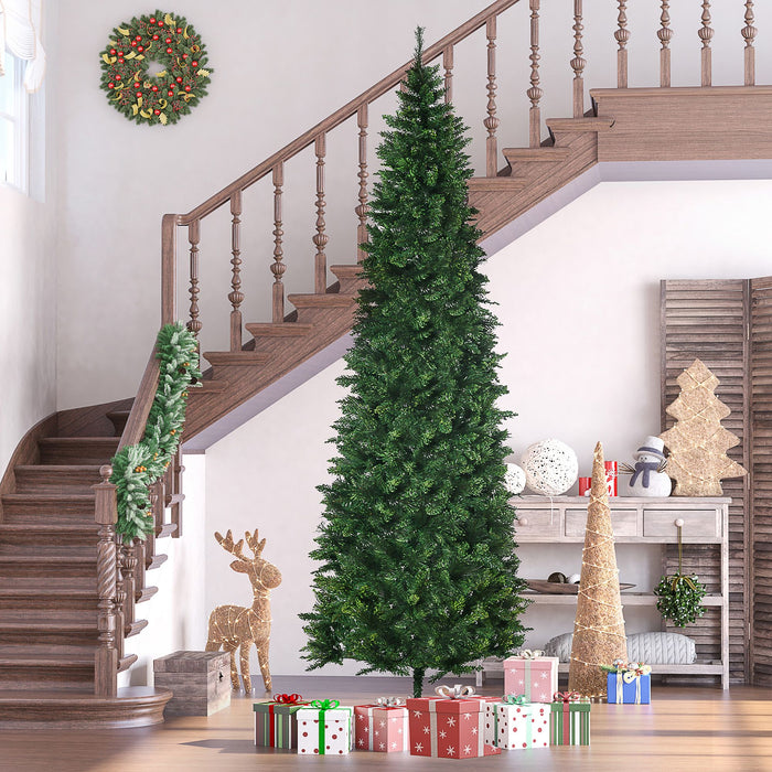 9FT Pencil Artificial Christmas Tree — 1075 Tips, Auto - Open Hinged, Unlit, Pine Needles, Steel Base - Monsta Online