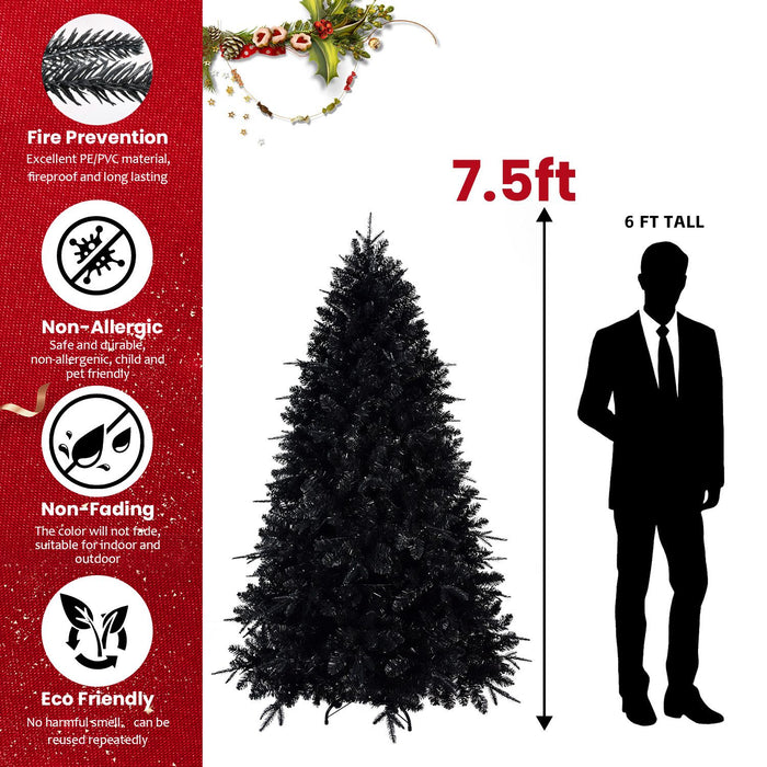 7.5FT Pre - Lit Black Artificial Christmas Tree — 500 White LED, 2156 Tips, PE+PVC, Hinged, Metal Stand - Monsta Online