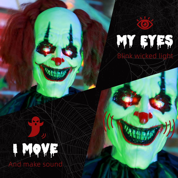 6ft Animatronic Halloween Clown – Sound Activated Red Haired Creepy Standing Prop, Creepy Sounds and Glowing LED Eyes - Monsta Online