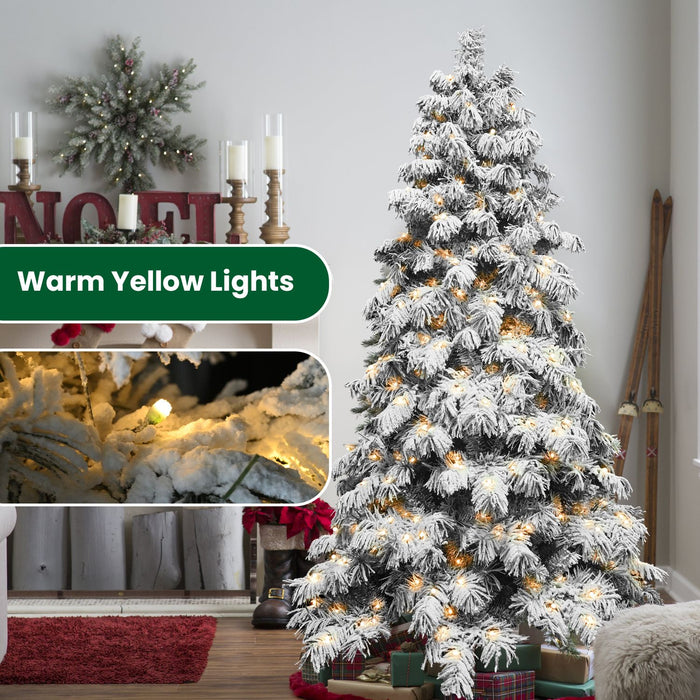 7FT Pre - Lit Flocked Artificial Christmas Tree — 360 Warm LED, Memory Wire, 890 Tips, Hinged, Metal Stand - Monsta Online