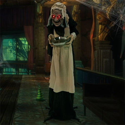 5.2ft Halloween Animatronic Old Lady Maid – Motion Activated with Flashing Red Eyes and Creepy Talking Phrases - Monsta Online