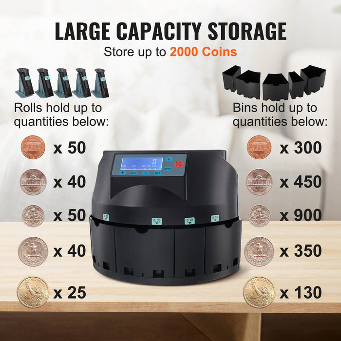 Automatic USD Coin Counter Machine with 2000 Coin Capacity and LCD Display - Monsta Online