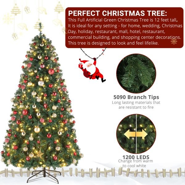 10FT Pre - Lit Artificial Christmas Tree — 5090 Tips, 1200 LED Lights, 10 Modes, Remote Control, Metal Stand - Monsta Online