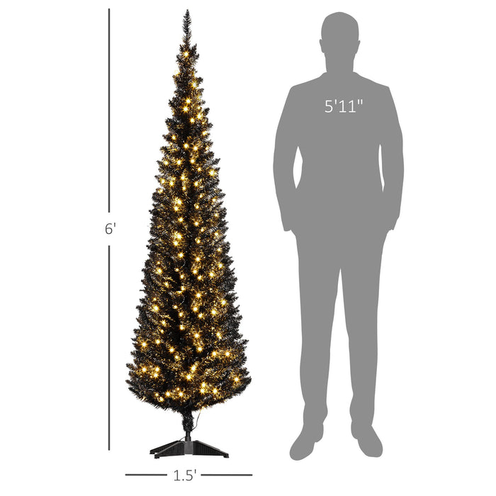 6FT Black Slim Pencil Pre - Lit Artificial Christmas Tree — 200 Warm White LEDs, 390 Tips, Space - Saving - Monsta Online