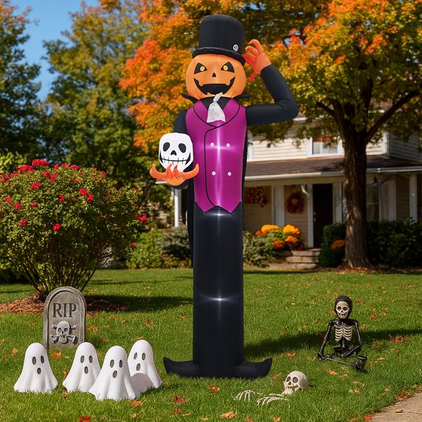 12FT Halloween Inflatable Pumpkin Man Holding Skull with LED Lights - Monsta Online