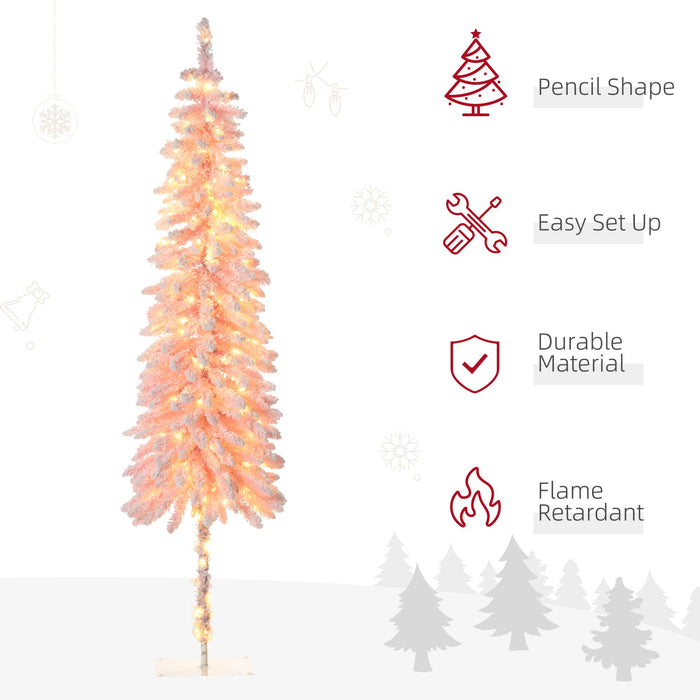 7FT Pink Snow Flocked Pencil Pre - Lit Artificial Christmas Tree — 250 Warm White LEDs, 331 Tips, Downswept - Monsta Online