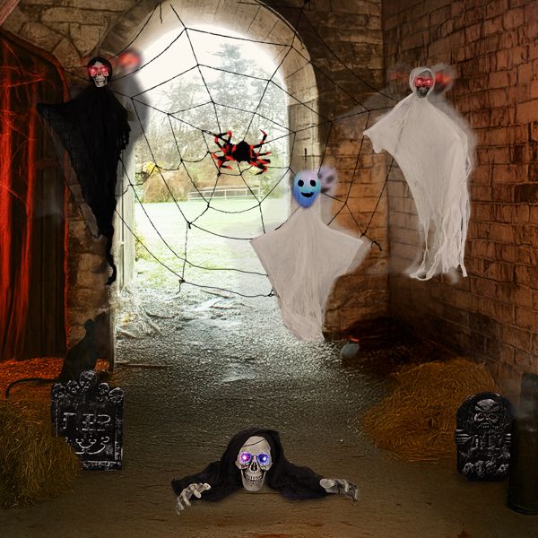 8 - Piece Outdoor Halloween Decoration Set 5.9ft Cobweb – Red Flashing Eyes, Hanging Ghosts, Gravestones and Spider - Monsta Online