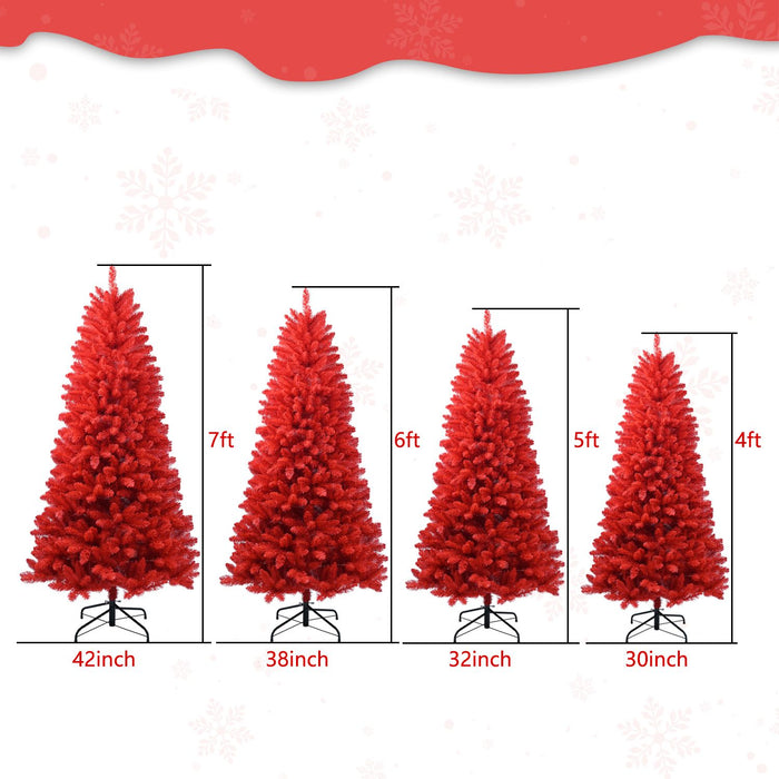 7FT Unlit Red Artificial Christmas Tree — 1066 Tips, Full Realistic, Metal Stand - Monsta Online