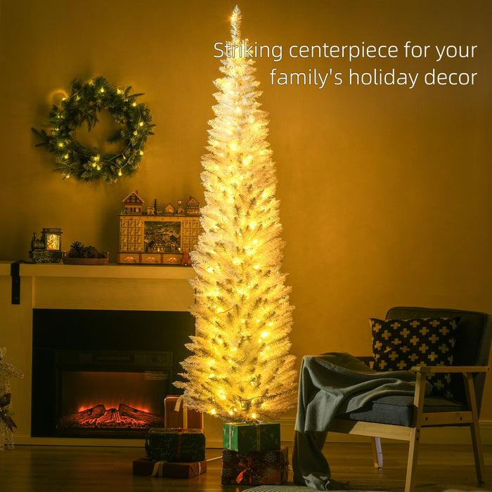 7FT White Pencil Pre - Lit Artificial Christmas Tree — 200 Warm White LEDs, 499 Tips, Slim Space - Saving - Monsta Online