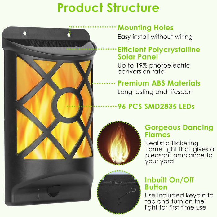 Solar Outdoor Flickering Flame Wall Lights - Waterproof 96 LEDs with Auto On/Off Feature - Monsta Online
