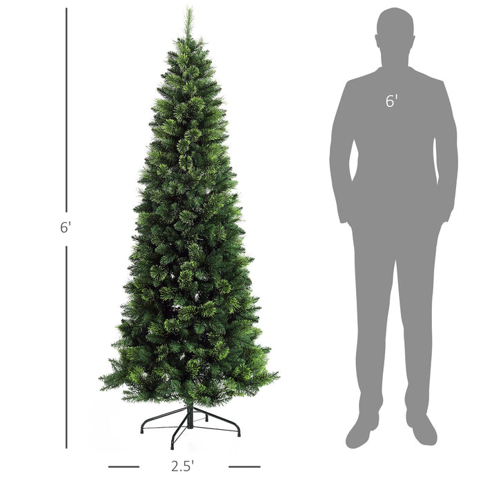 6FT Pencil Artificial Christmas Tree — 618 Tips, Auto - Open Hinged, Unlit, Pine Needles, Steel Base - Monsta Online