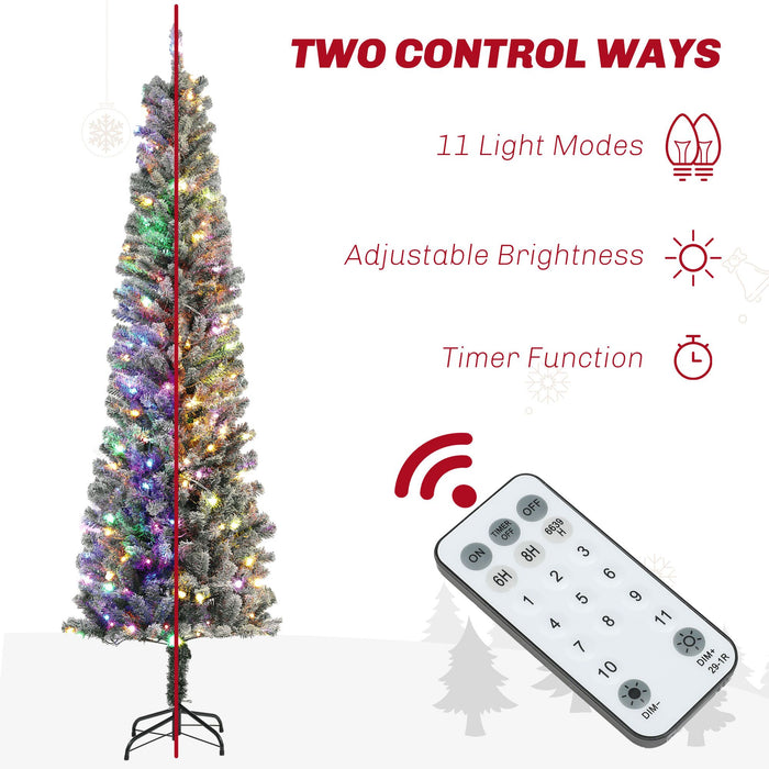 7.5FT Snow Flocked Pencil Pre - Lit Artificial Christmas Tree — 220 Dual - Color LEDs, 11 Modes, Remote, 519 Tips - Monsta Online
