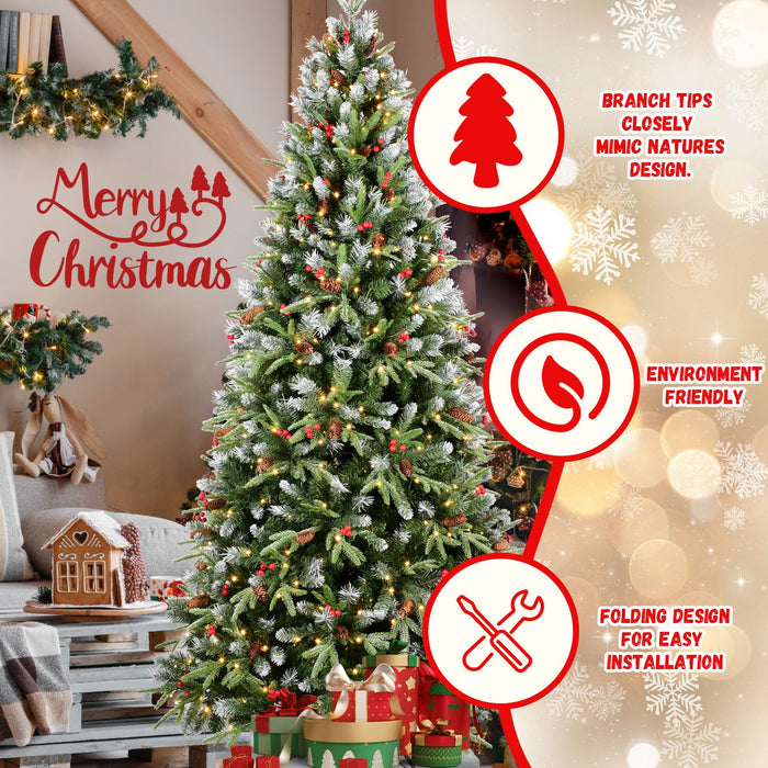 8FT Pre - Lit Snow Frosted Artificial Christmas Tree — 2851 Tips, 600 Lights, Pinecones, Berries - Monsta Online