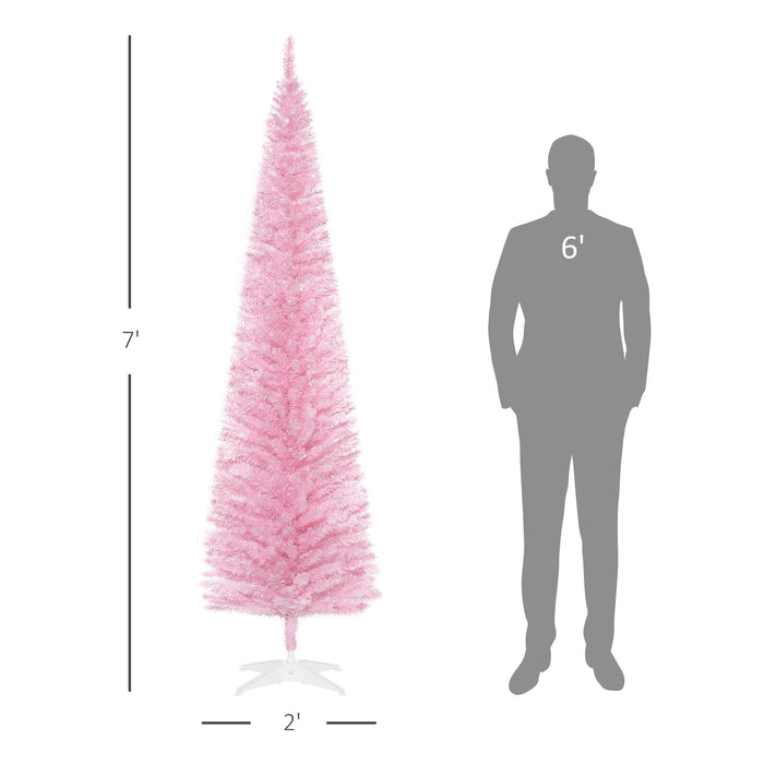 7FT Pink Pencil Artificial Christmas Tree — 499 Tips, Unlit, Slim Space - Saving, Realistic, Plastic Base - Monsta Online