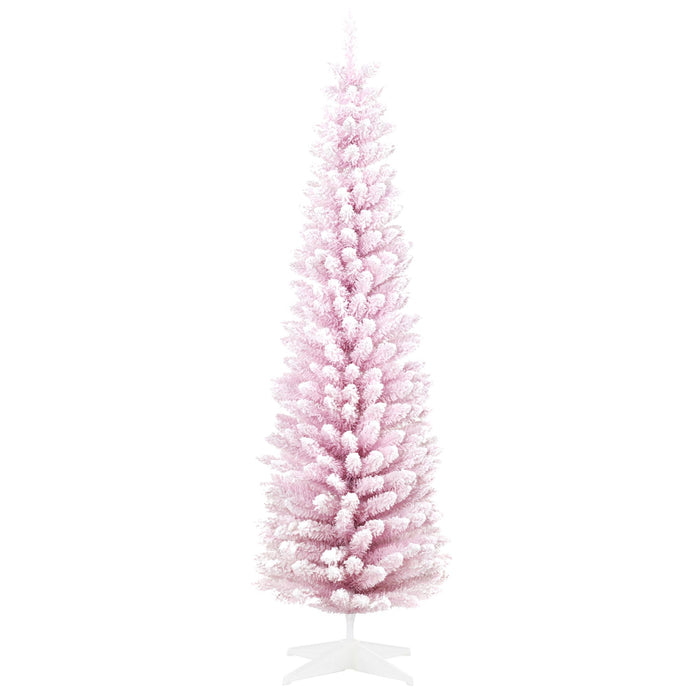 7FT Flocked Pink Pencil Artificial Christmas Tree — 499 Snow Tips, Unlit, Slim Space - Saving, Metal Base - Monsta Online