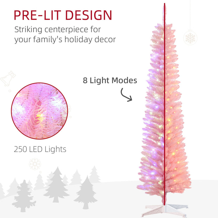 7FT Pink Pencil Pre - Lit Artificial Christmas Tree — 250 Multicolor LEDs, 8 Modes, 500 Tips, Slim - Monsta Online