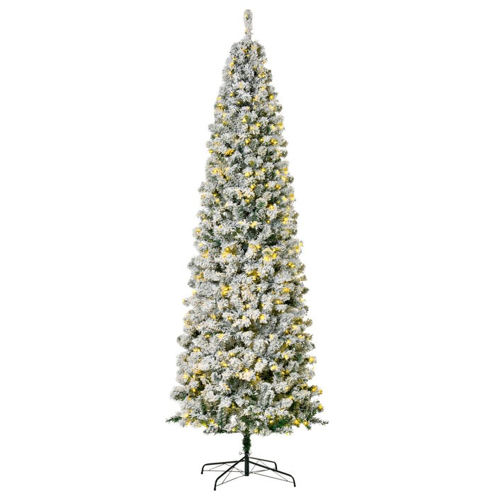 9FT Snow Flocked Pre - Lit Artificial Christmas Tree — 550 Warm White LEDs, 988 Tips, Hinged, Steel Base - Monsta Online