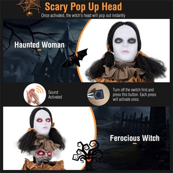 5.4ft Animatronic Halloween Witch – Motion and Sound Activated Pop - Up with Flashing Eyes and Screeching Laugh - Monsta Online