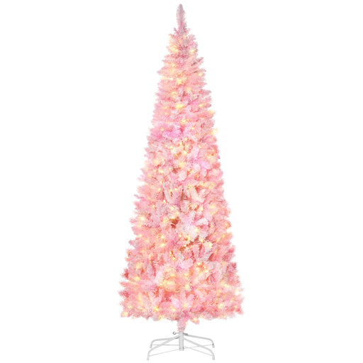 7.5FT Pre - Lit Pink Pencil Artificial Christmas Tree — 350 Warm White LED Lights, 700 Snow Tips, Steel Base - Monsta Online