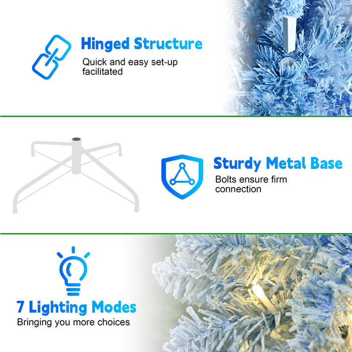 6FT Pre - Lit Blue Flocked Pencil Christmas Tree — 200 Warm LED, 485 Tips, Slim, Metal Stand - Monsta Online