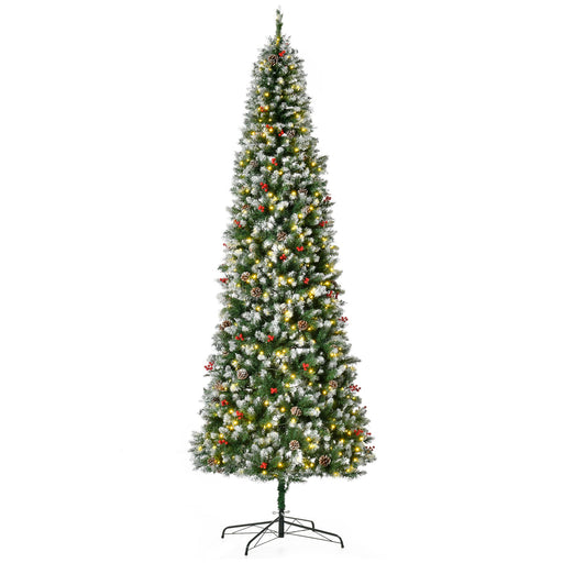 9FT Slim Snow Flocked Pre - Lit Artificial Christmas Tree — 460 Warm White LEDs, 1298 Tips, Pine Cones, Berries - Monsta Online