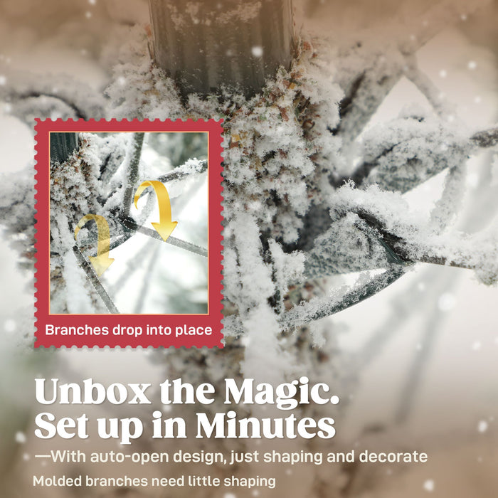 9FT Snow Flocked Full Spruce Artificial Christmas Tree — 2514 Tips, Auto - Open Hinged, Unlit, Metal Base - Monsta Online