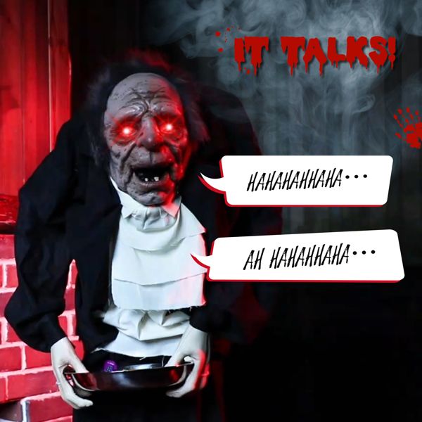 5ft Animatronic Halloween Male Servant – Motion and Sound Activated with Glowing Eyes, Creepy Laughs and Shaking Head - Monsta Online