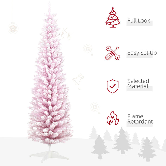 6FT Pink Snow Flocked Pencil Artificial Christmas Tree — 390 Tips, Unlit, Slim Realistic Branches, Metal Base - Monsta Online