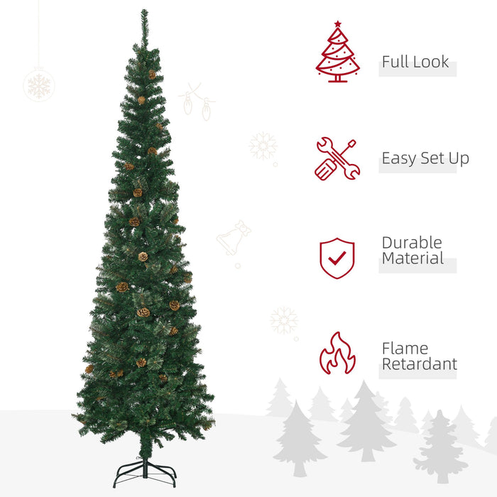 7.5FT Pencil Artificial Christmas Tree — 706 Tips with Pine Cones, Pine Needles, Unlit, Metal Base - Monsta Online