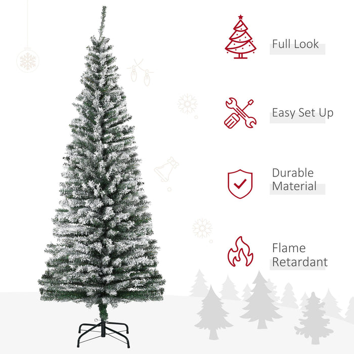 6FT Snow Flocked Pencil Artificial Christmas Tree — 492 Tips, Unlit, Full - Bodied, Foldable Steel Base - Monsta Online
