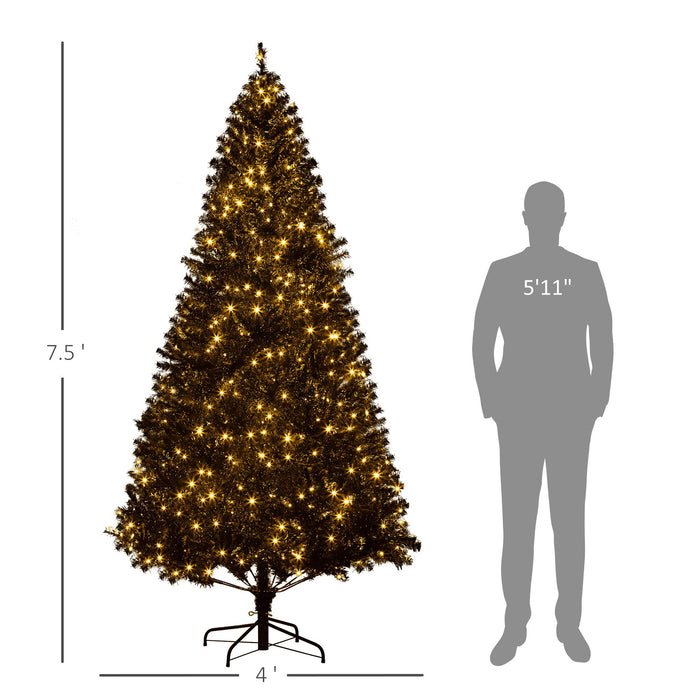 7.5FT Pre - Lit Black Artificial Christmas Tree — 500 Warm LED Lights, 1346 Tips, Hinged, Metal Stand - Monsta Online