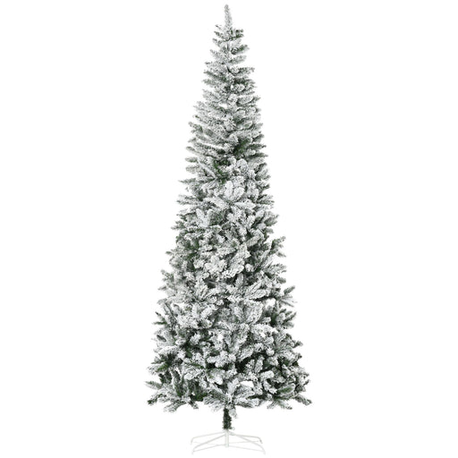 9FT Snow Flocked Pencil Artificial Christmas Tree — 1084 Tips, Unlit, Auto - Open, Green White, Steel Base - Monsta Online