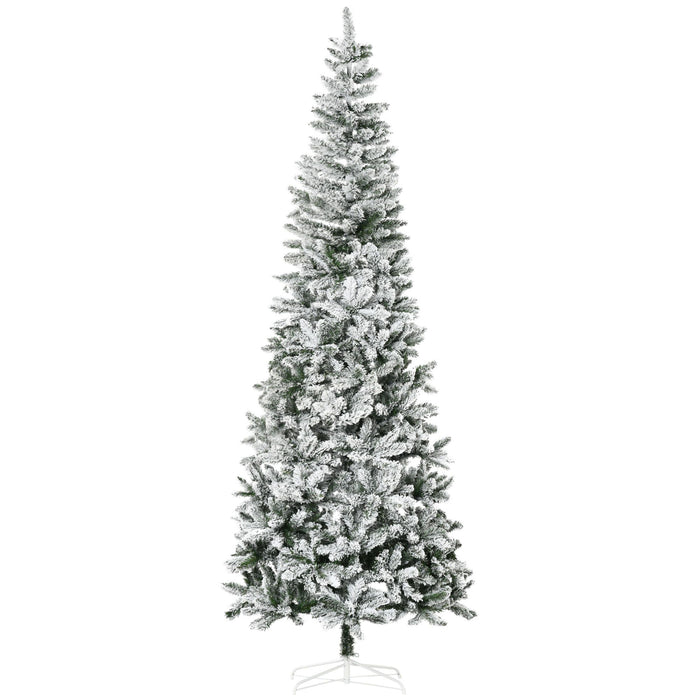 9FT Snow Flocked Pencil Artificial Christmas Tree — 1084 Tips, Unlit, Auto - Open, Green White, Steel Base - Monsta Online