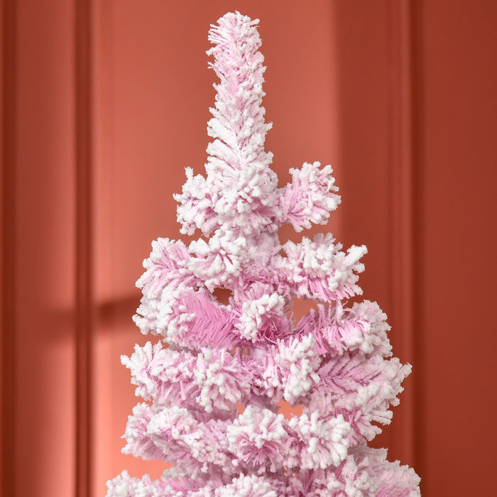 6FT Pink Snow Flocked Pencil Artificial Christmas Tree — 520 Tips, Unlit, Auto - Open Hinged, Steel Base - Monsta Online