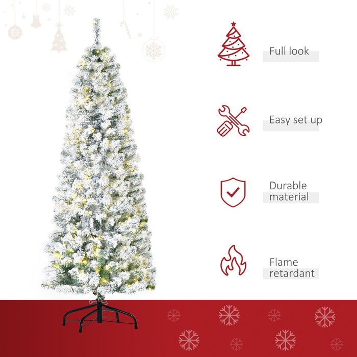 6FT Snow Flocked Pre - Lit Artificial Christmas Tree — 250 Warm White LEDs, 462 Tips, Hinged Pencil, Steel Base - Monsta Online